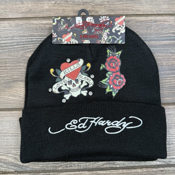 Ed Hardy 2-Pack Knit Beanie Hat Skull Roses  Stretch Black Y2K Love Kills NEW - Picture 2 of 6